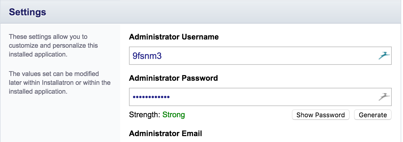 Screenshot of Installatron settings panel with default admin username and password.