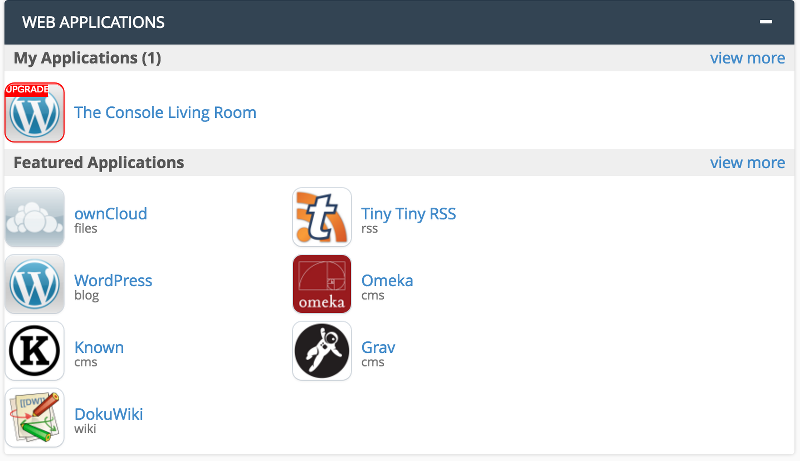 Screenshot of dashboard area with Web Applications Installer
